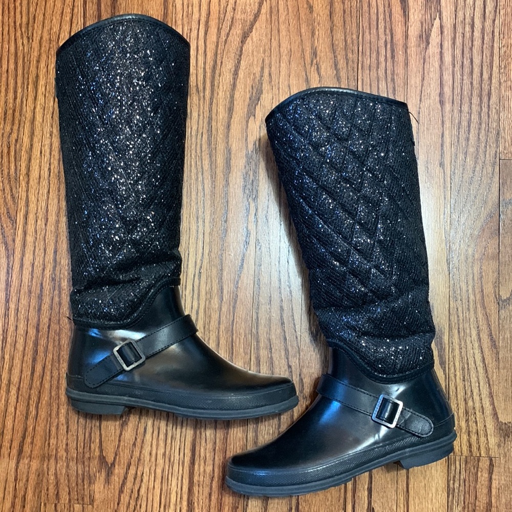 Sperry Top Sider Black Glitter Quilted Rain Boots